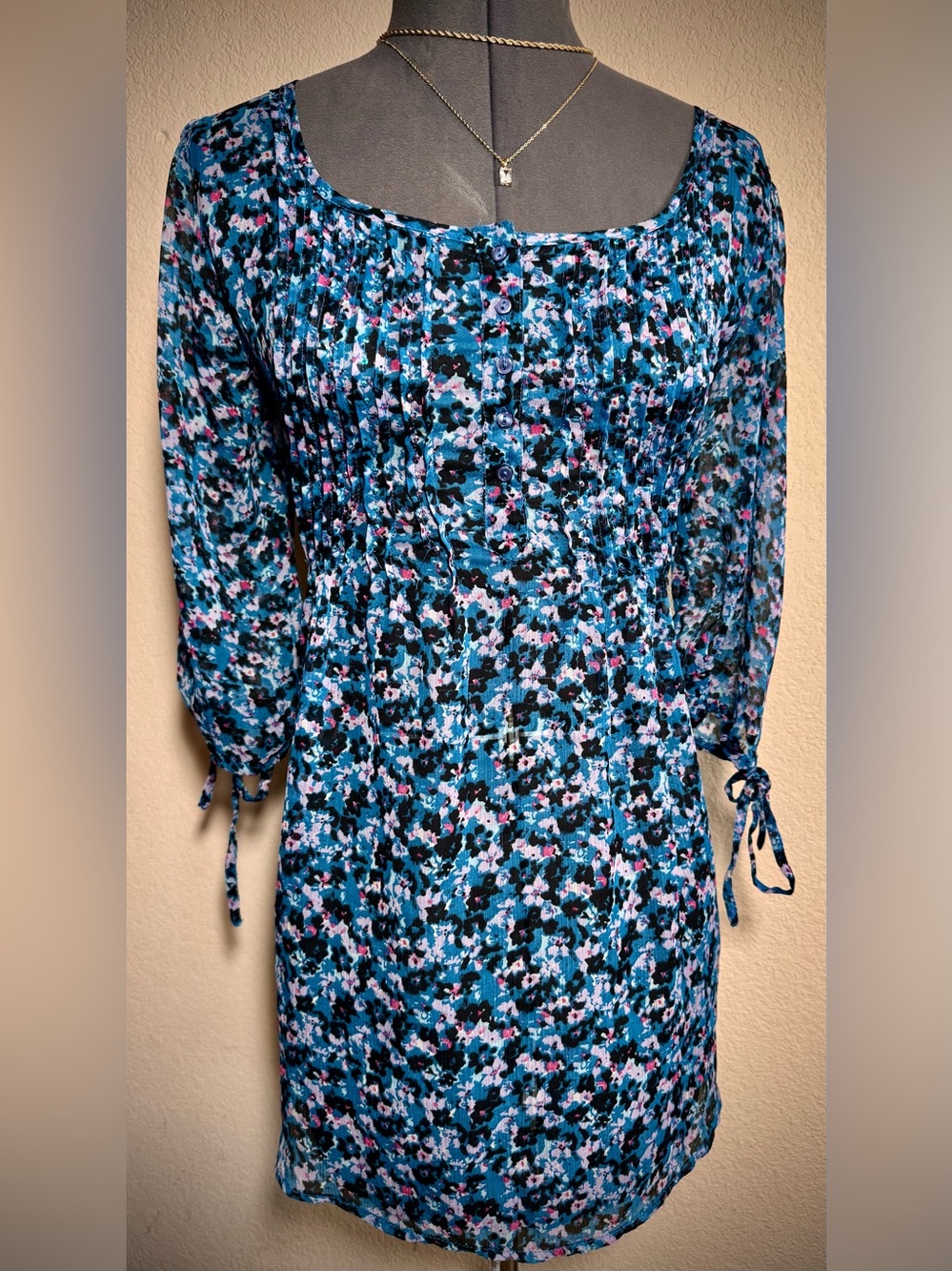 Y2K Floral Blue Purple Tie Waist Half Sleeve Sheer Blouse Charlotte Russe XS